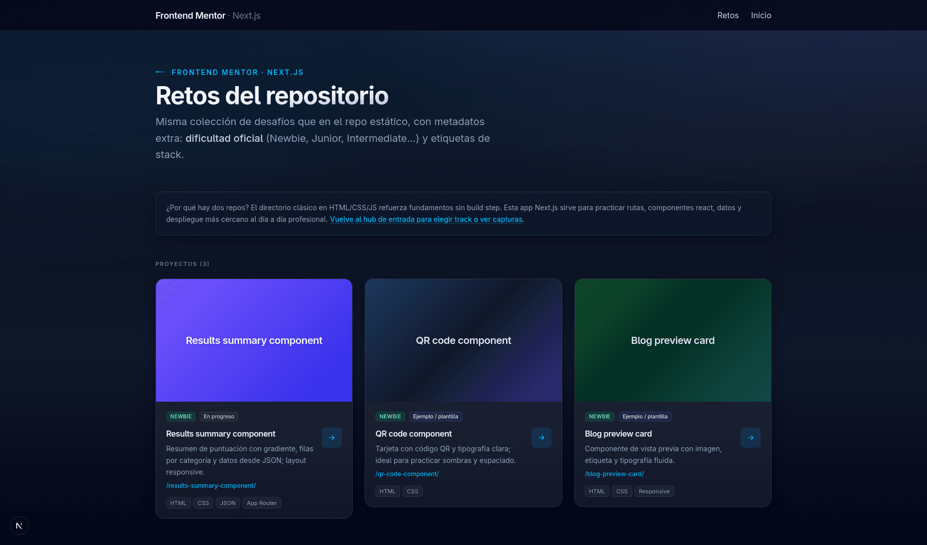 Vista previa del índice de retos en la aplicación Next.js