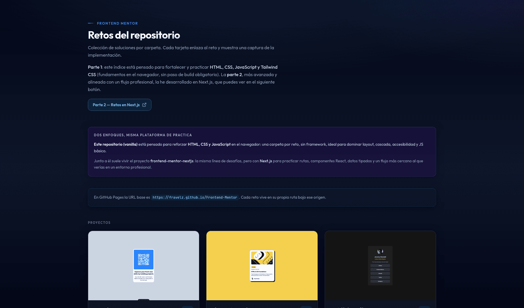 Vista previa del índice de retos en el proyecto vanilla (HTML, CSS y JavaScript)